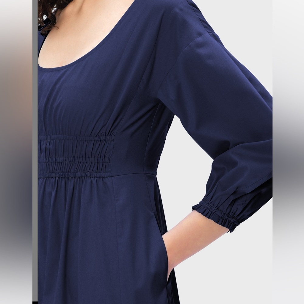 NWOT Puff Sleeve Elastic Waist Cotton Poplin Dress - Picture 4 of 8